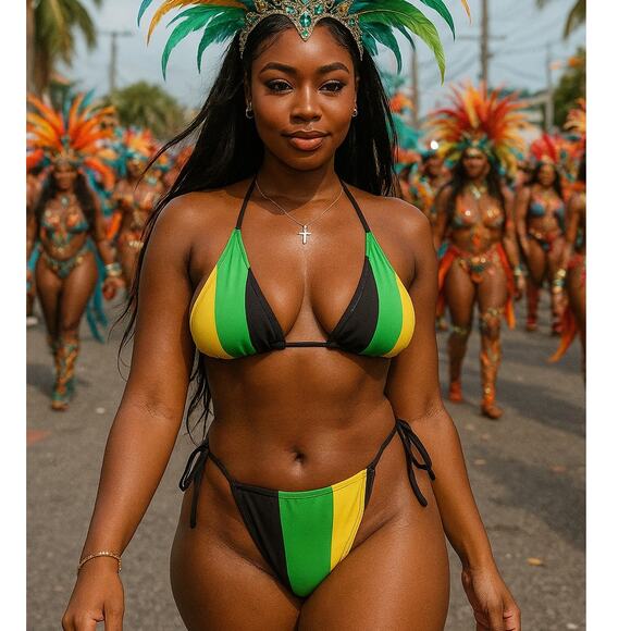 New Small Jamaica Flag Striped Adjustable‎ Ruched Bikini Swimsuit African Reggae - Picture 1 of 4